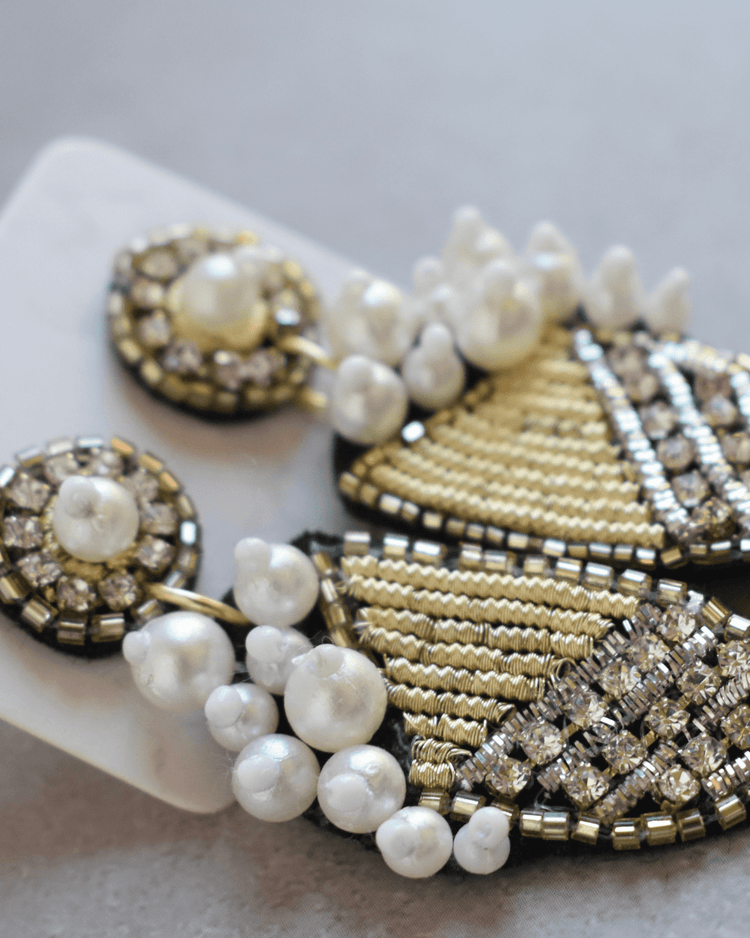 Glitzy Pearl Champagne Dangle Earrings